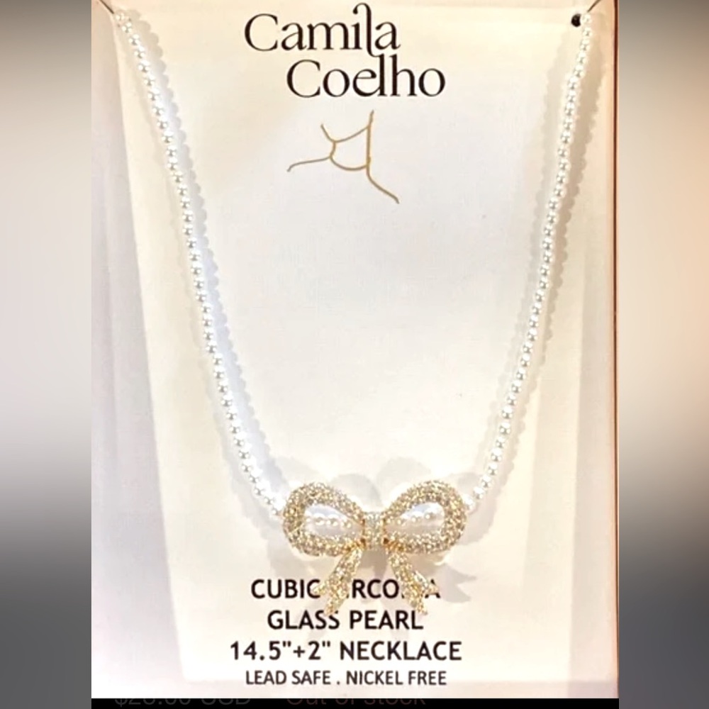 Camila Coelho beautiful Gold cubic Zirconia Bow and White Pearl Necklace New
